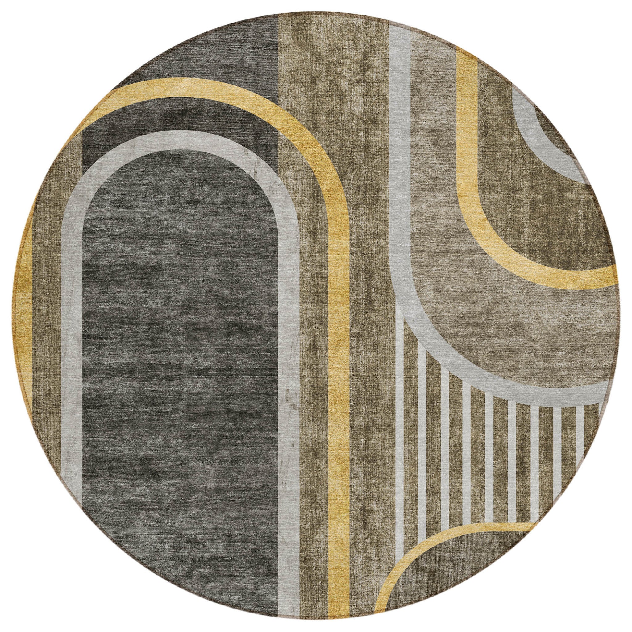 8 Round Taupe and Gray Round Abstract Washable Non Skid Indoor Outdoor Area Rug