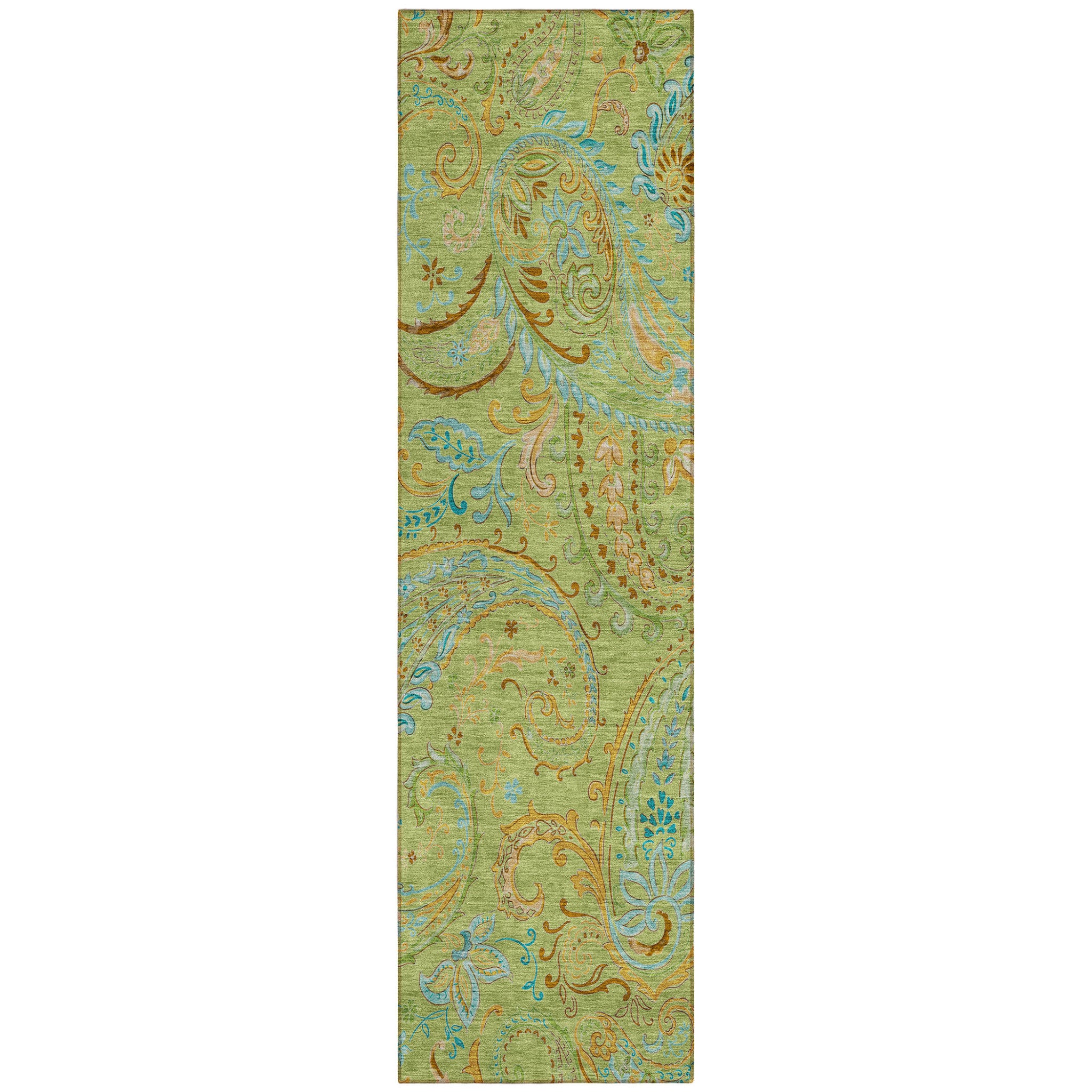8 Runner Artichoke Green Paisley Washable Non Skid Indoor Outdoor Runner Rug