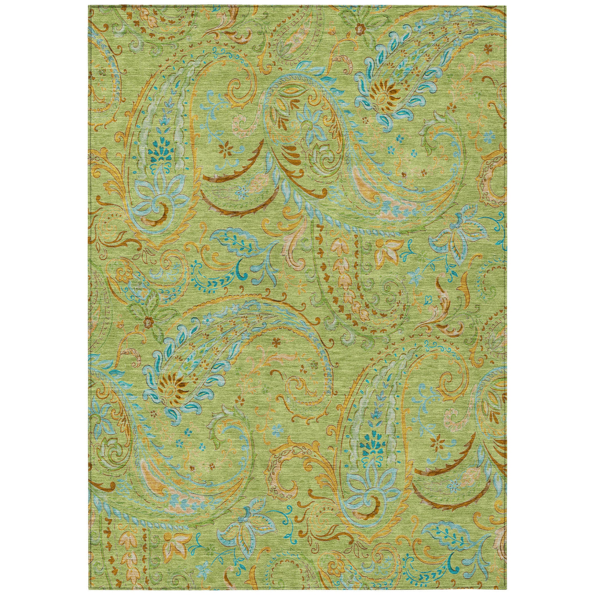 5 X 8 Artichoke Green Paisley Washable Non Skid Indoor Outdoor Area Rug