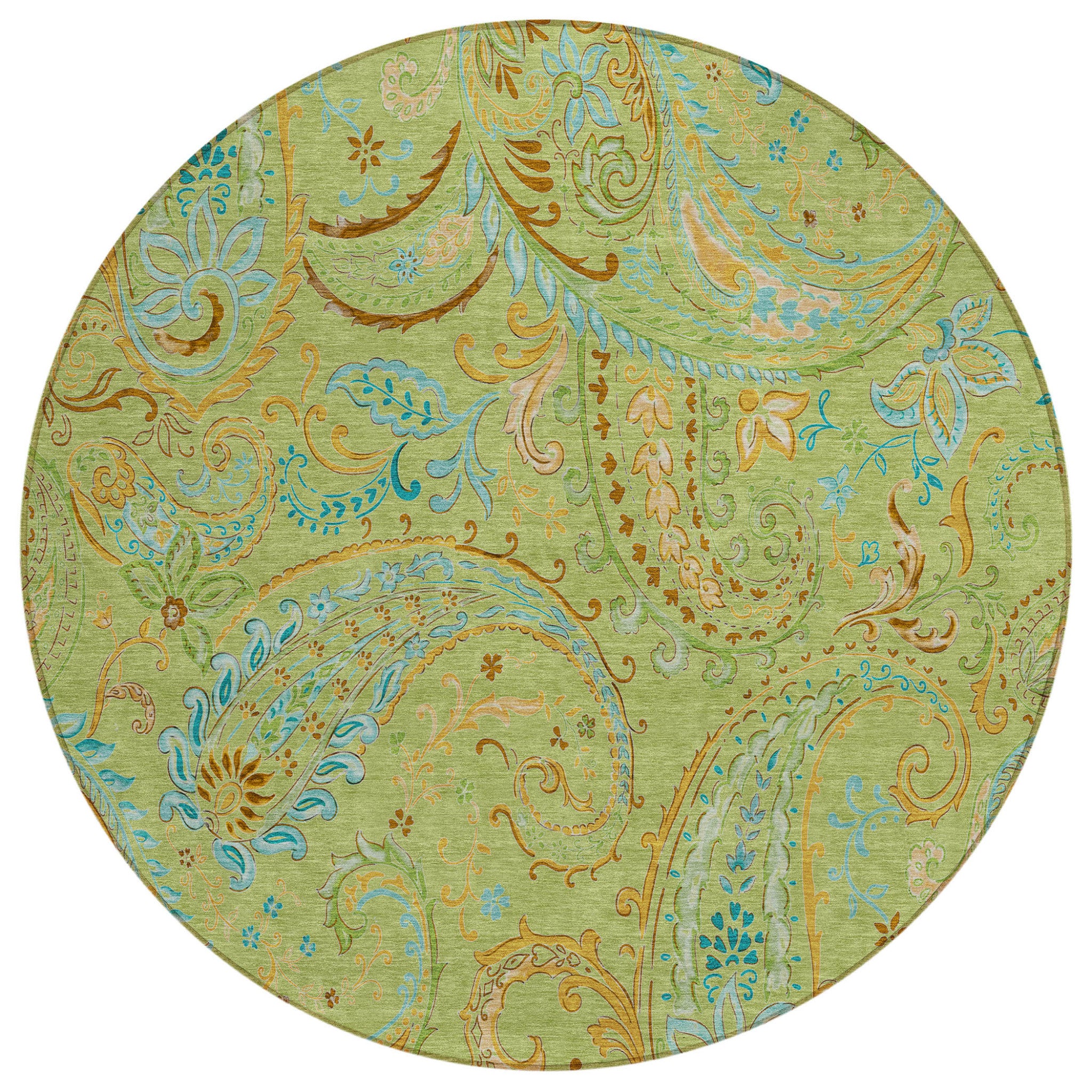 8 Round Artichoke Green Round Paisley Washable Non Skid Indoor Outdoor Area Rug