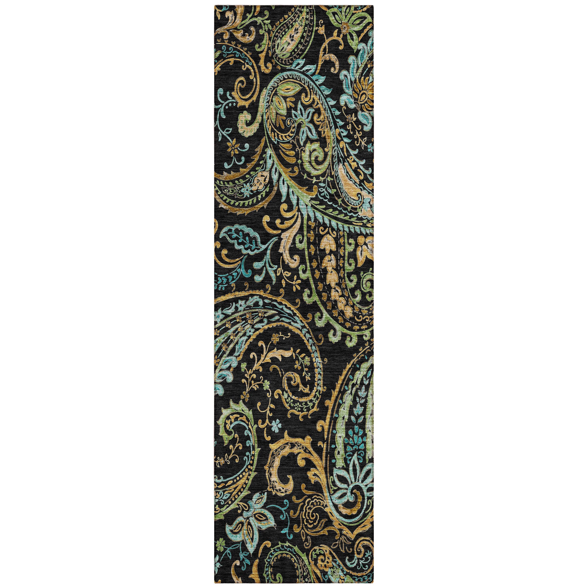 8 Runner Black and Gold Paisley Washable Non Skid Indoor Outdoor Runner Rug