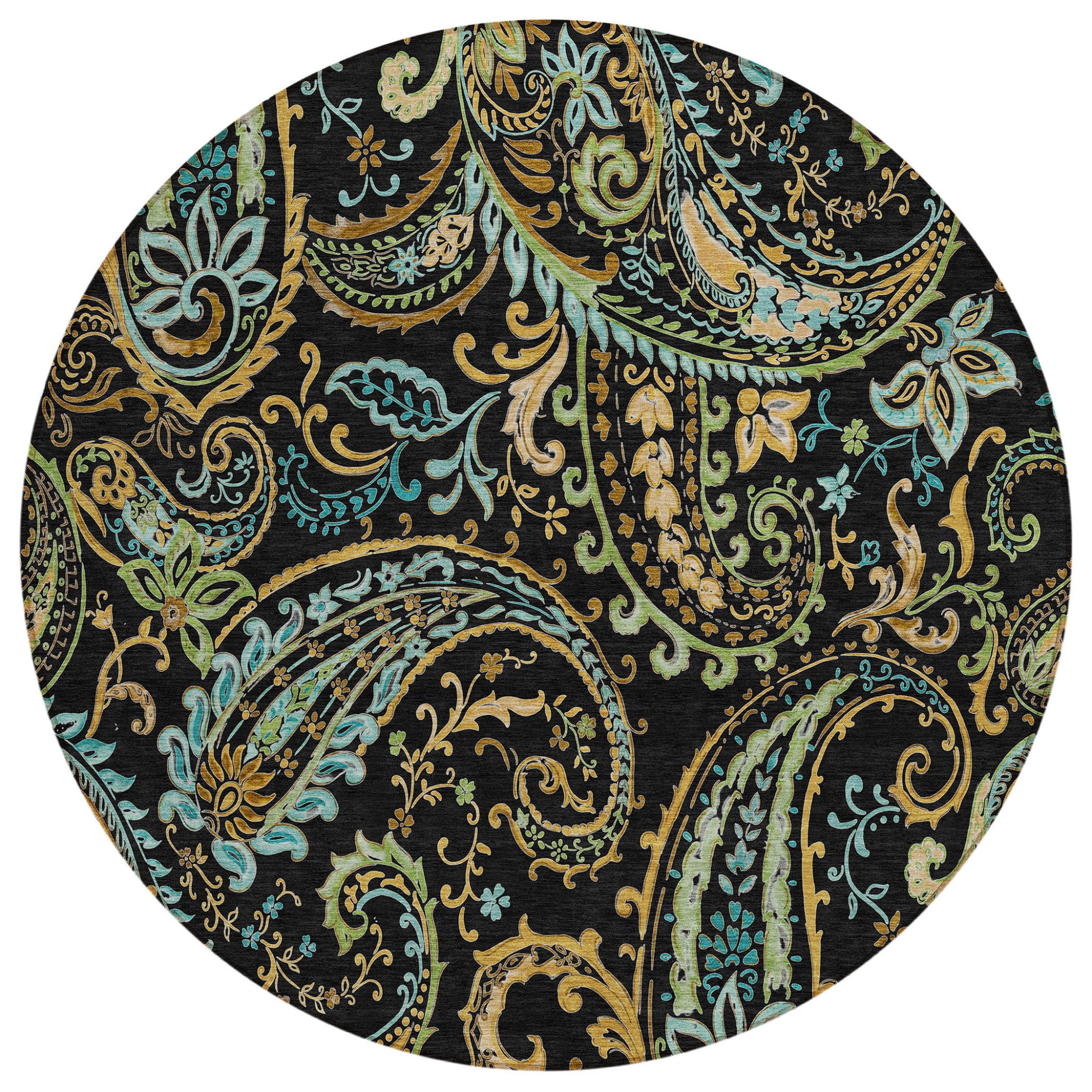 8 Round Black and Gold Round Paisley Washable Non Skid Indoor Outdoor Area Rug