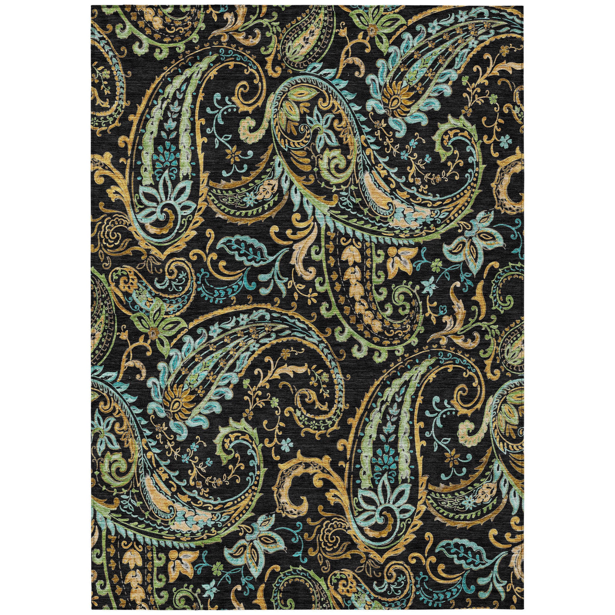 8 X 10 Black and Gold Paisley Washable Non Skid Indoor Outdoor Area Rug