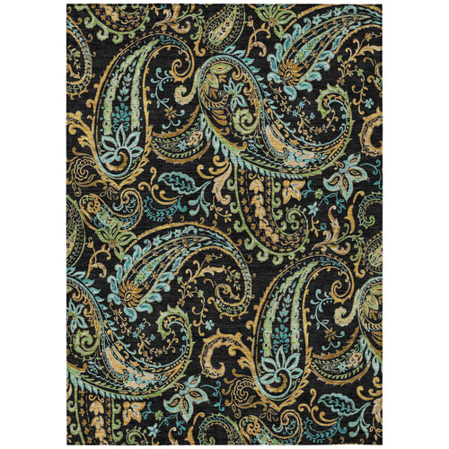 10 X 14 Black and Gold Paisley Washable Non Skid Indoor Outdoor Area Rug