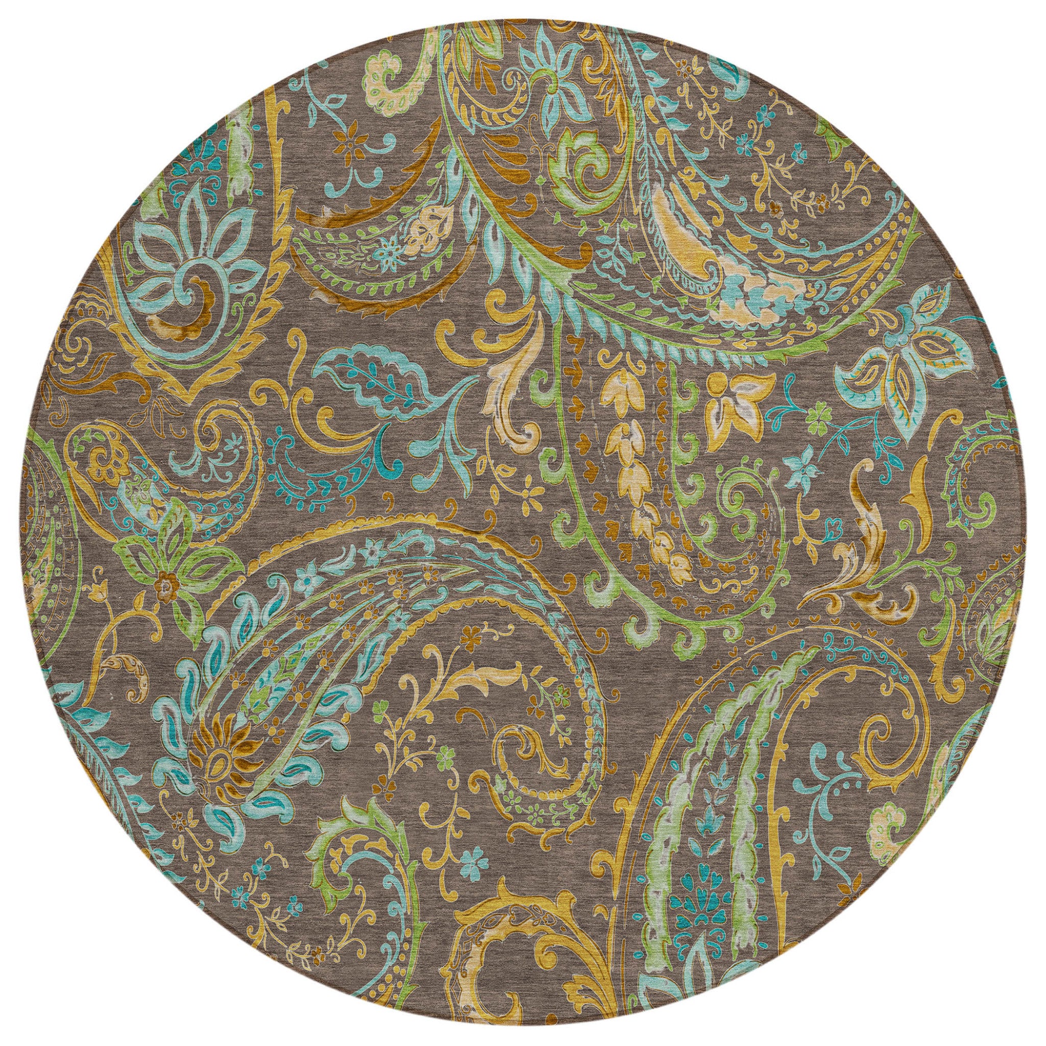 8 Round Chocolate Round Paisley Washable Non Skid Indoor Outdoor Area Rug