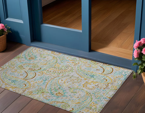 2 X 3 Gray and Gold Paisley Washable Non Skid Indoor Outdoor Area Rug