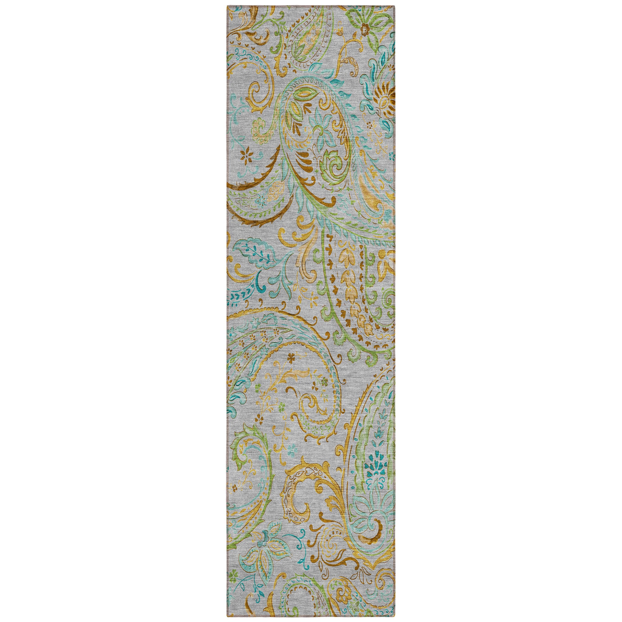 8 Runner Gray and Gold Paisley Washable Non Skid Indoor Outdoor Runner Rug