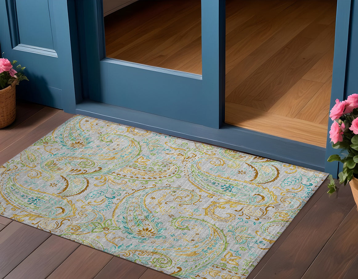3 X 5 Gray and Gold Paisley Washable Non Skid Indoor Outdoor Area Rug