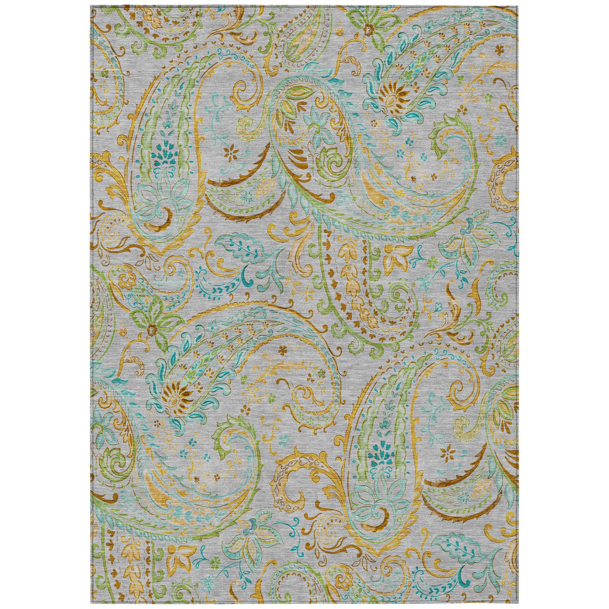 5 X 8 Gray and Gold Paisley Washable Non Skid Indoor Outdoor Area Rug