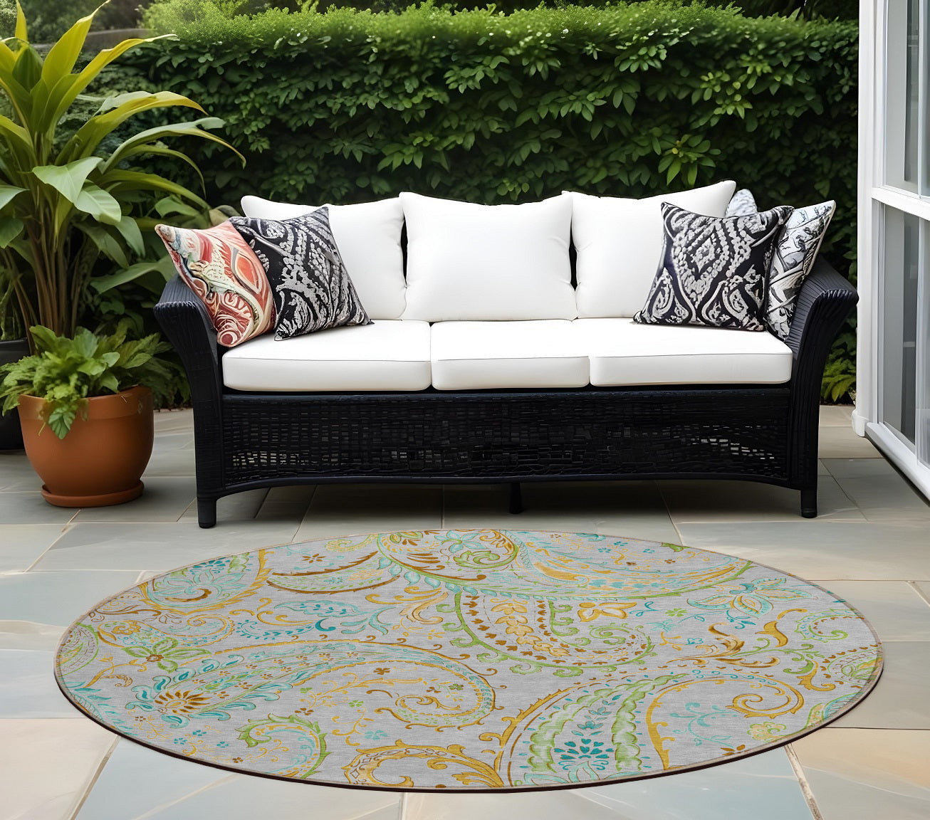 8 Round Gray and Gold Round Paisley Washable Non Skid Indoor Outdoor Area Rug