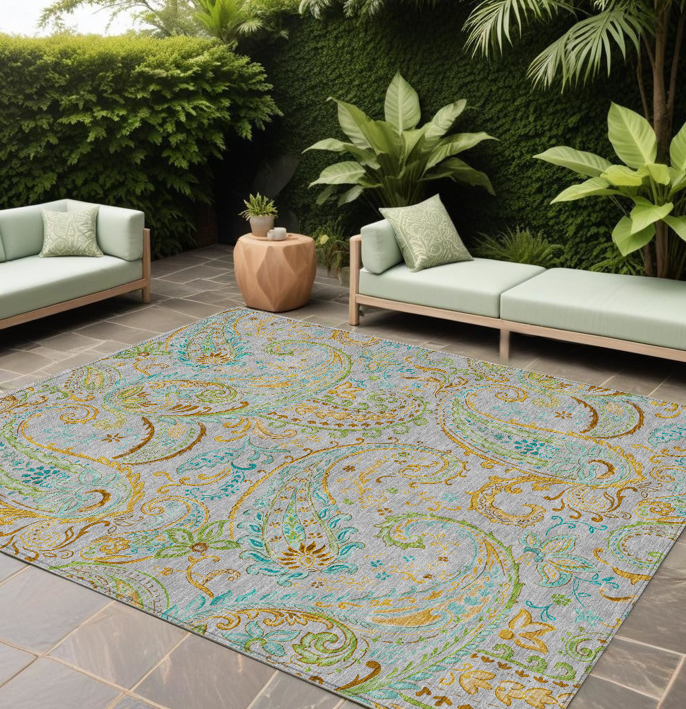 8 X 10 Gray and Gold Paisley Washable Non Skid Indoor Outdoor Area Rug