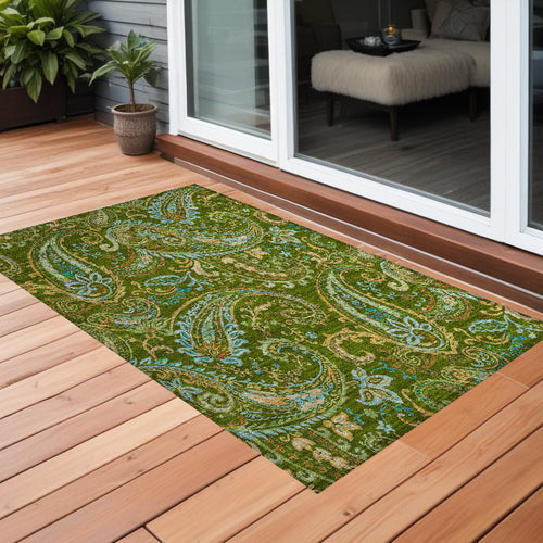 2 X 3 Green Paisley Washable Non Skid Indoor Outdoor Area Rug