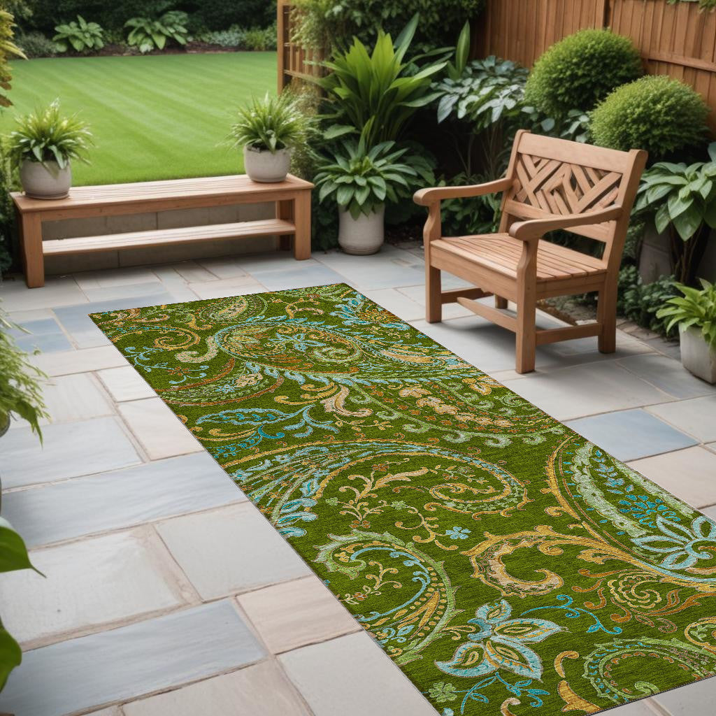 8 Runner Green Paisley Washable Non Skid Indoor Outdoor Runner Rug