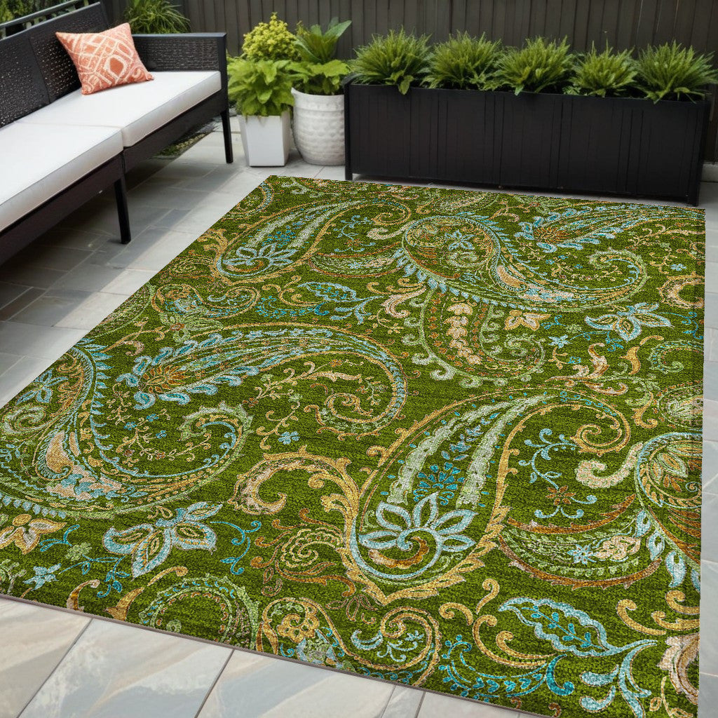 5 X 8 Green Paisley Washable Non Skid Indoor Outdoor Area Rug