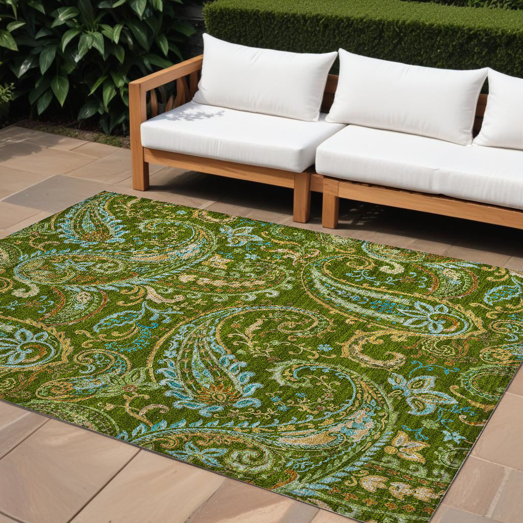 10 X 14 Green Paisley Washable Non Skid Indoor Outdoor Area Rug