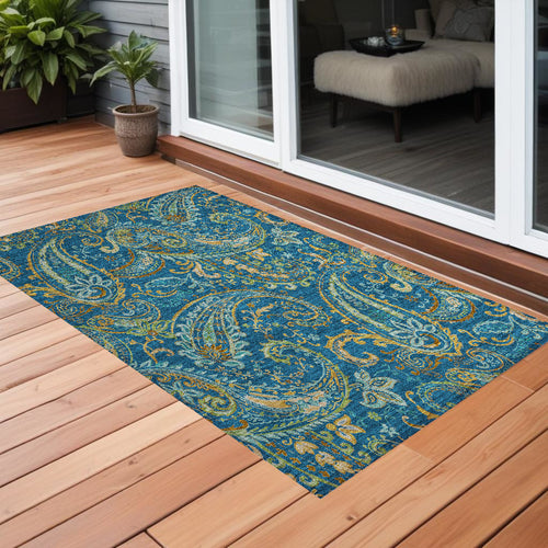 2 X 3 Navy Blue Paisley Washable Non Skid Indoor Outdoor Area Rug