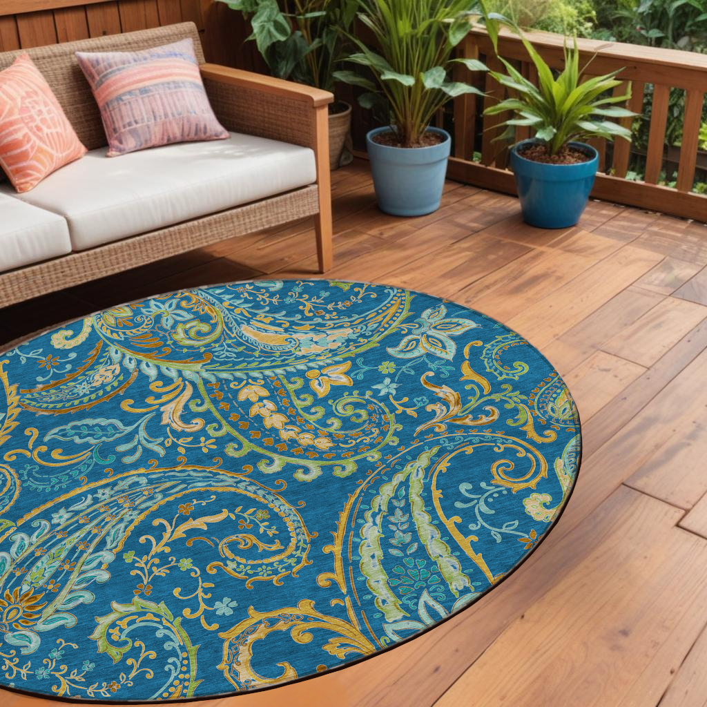 8 Round Navy Blue Round Paisley Washable Non Skid Indoor Outdoor Area Rug