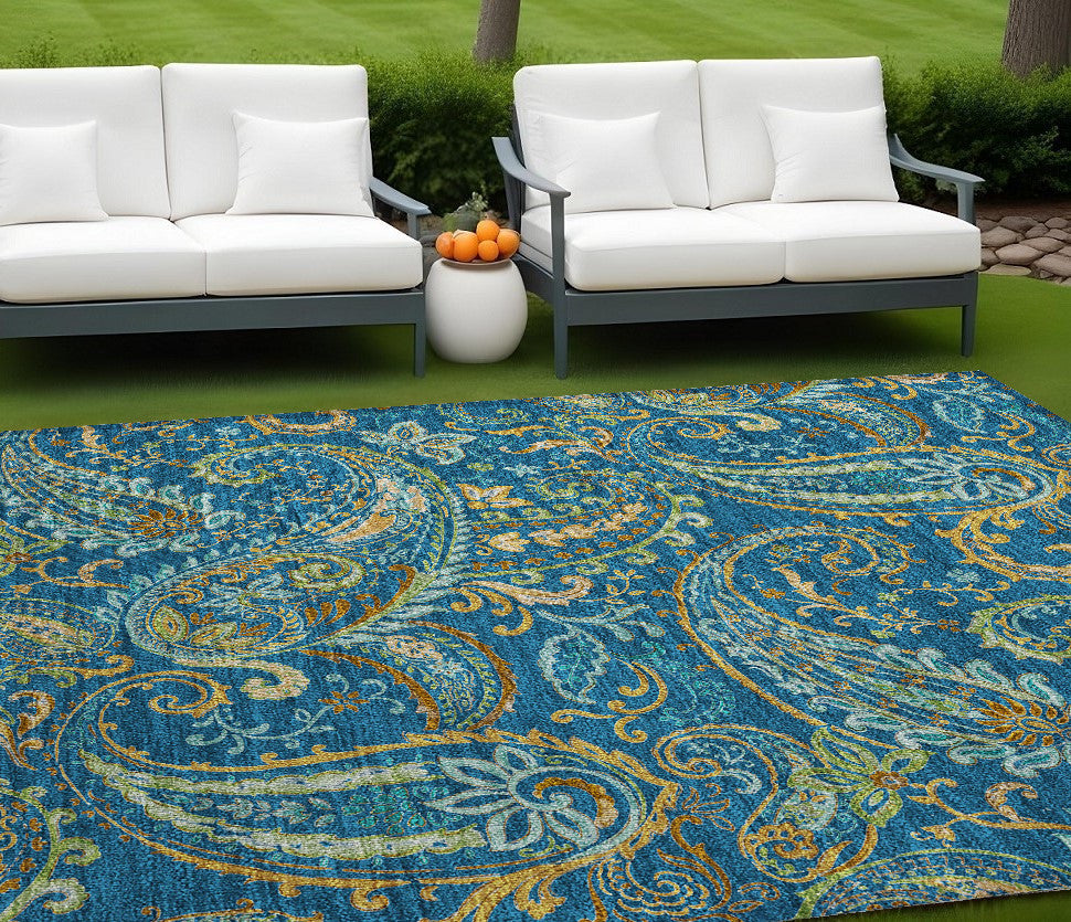 9 X 12 Navy Blue Paisley Washable Non Skid Indoor Outdoor Area Rug