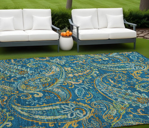 10 X 14 Navy Blue Paisley Washable Non Skid Indoor Outdoor Area Rug