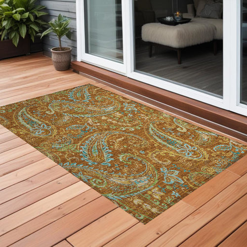 2 X 3 Orange Paisley Washable Non Skid Indoor Outdoor Area Rug