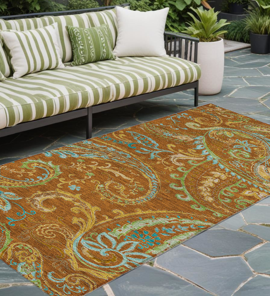 8 Runner Orange Paisley Washable Non Skid Indoor Outdoor Runner Rug