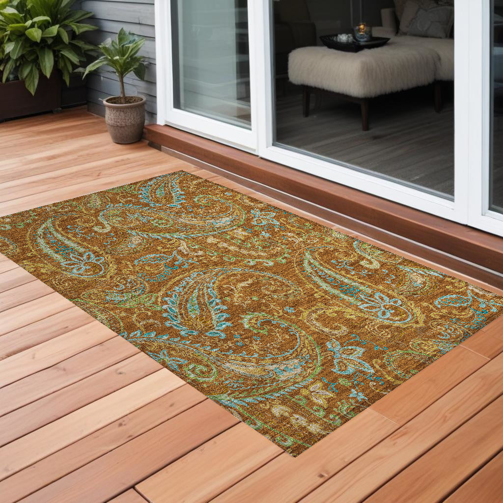 3 X 5 Orange Paisley Washable Non Skid Indoor Outdoor Area Rug