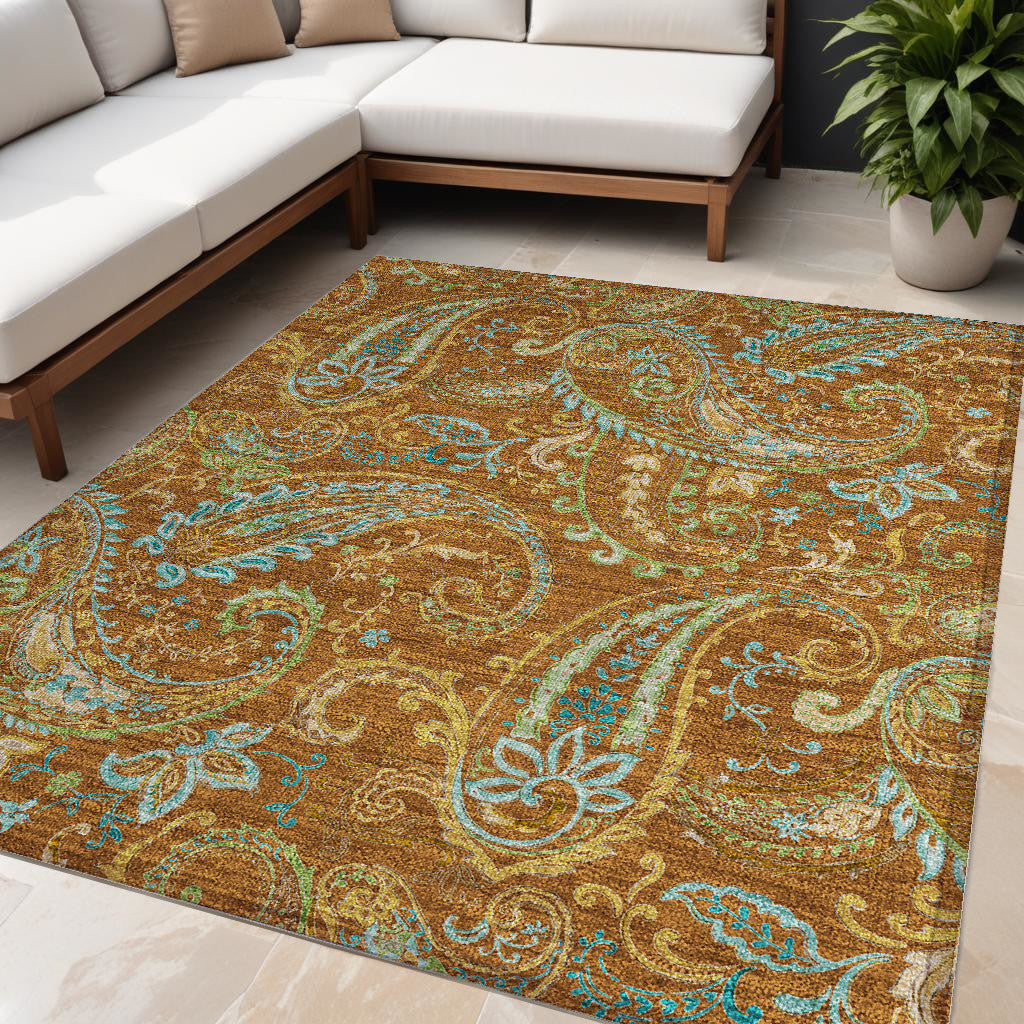 5 X 8 Orange Paisley Washable Non Skid Indoor Outdoor Area Rug
