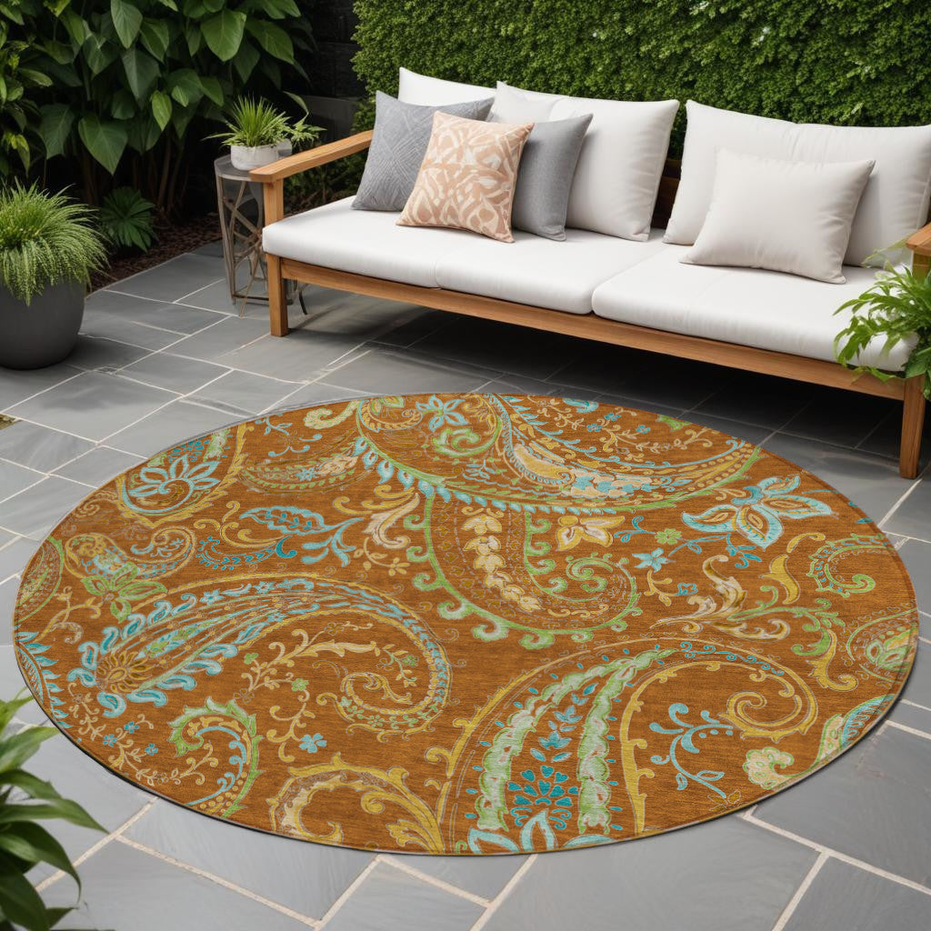 8 Round Orange Round Paisley Washable Non Skid Indoor Outdoor Area Rug
