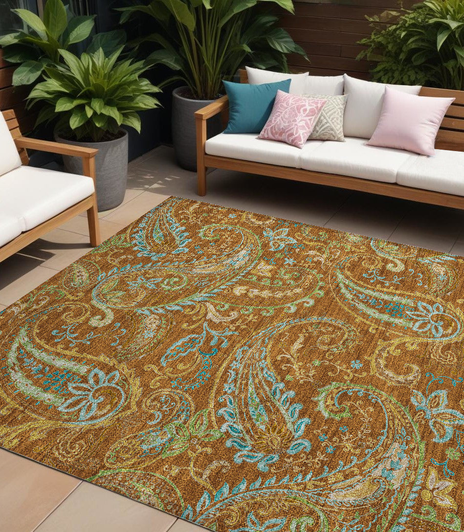 10 X 14 Orange Paisley Washable Non Skid Indoor Outdoor Area Rug