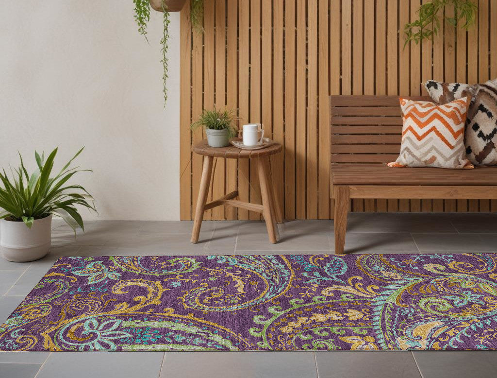 8 Runner Purple Paisley Washable Non Skid Indoor Outdoor Runner Rug