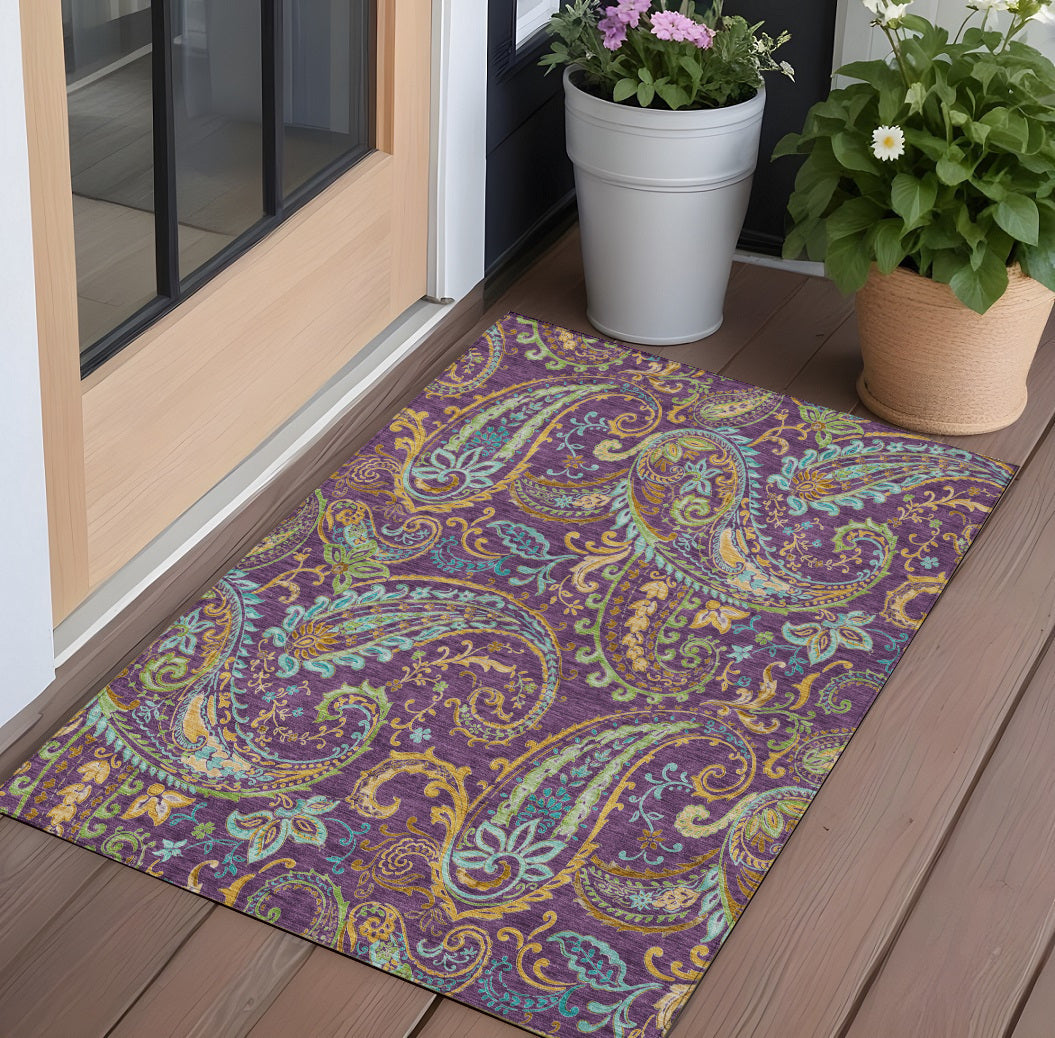 3 X 5 Purple Paisley Washable Non Skid Indoor Outdoor Area Rug