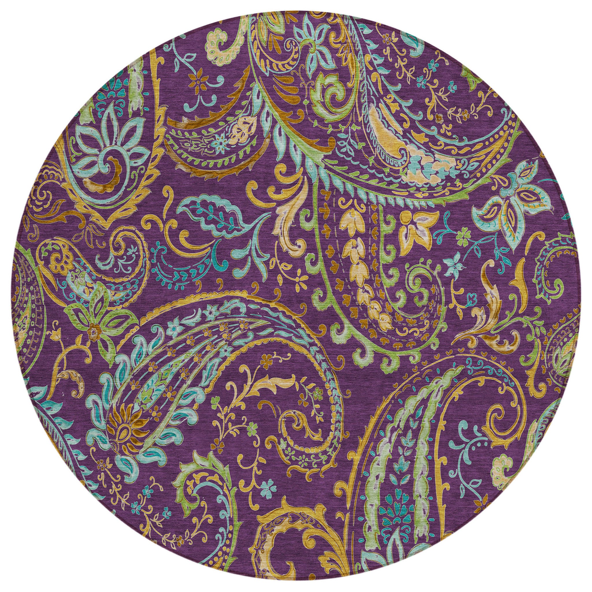 8 Round Purple Round Paisley Washable Non Skid Indoor Outdoor Area Rug