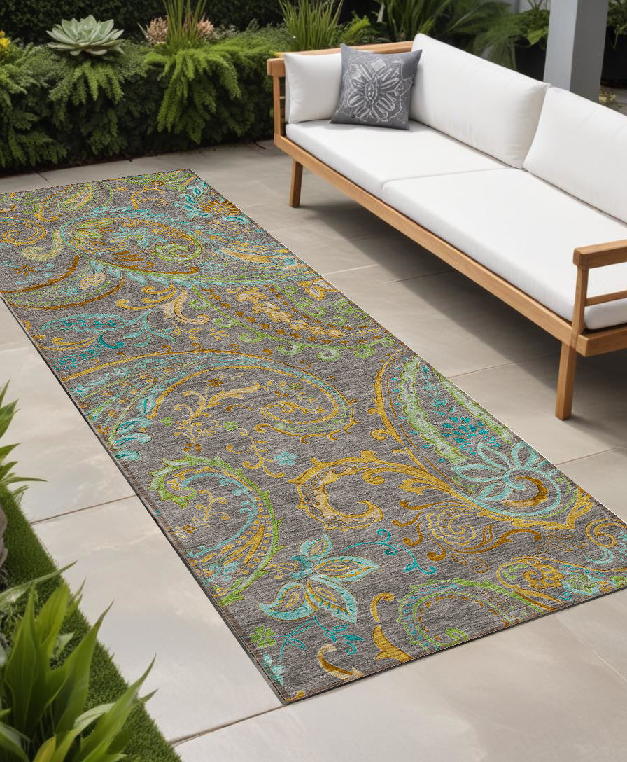 8 Runner Taupe Paisley Washable Non Skid Indoor Outdoor Runner Rug