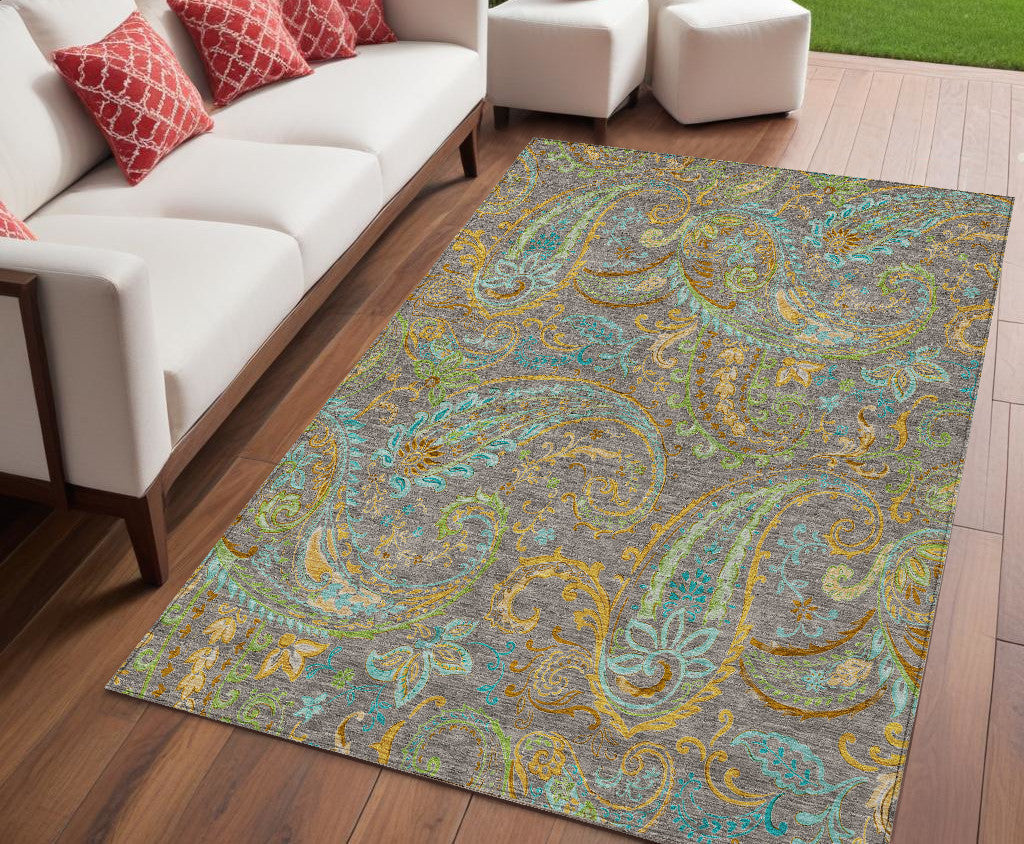 5 X 8 Taupe Paisley Washable Non Skid Indoor Outdoor Area Rug