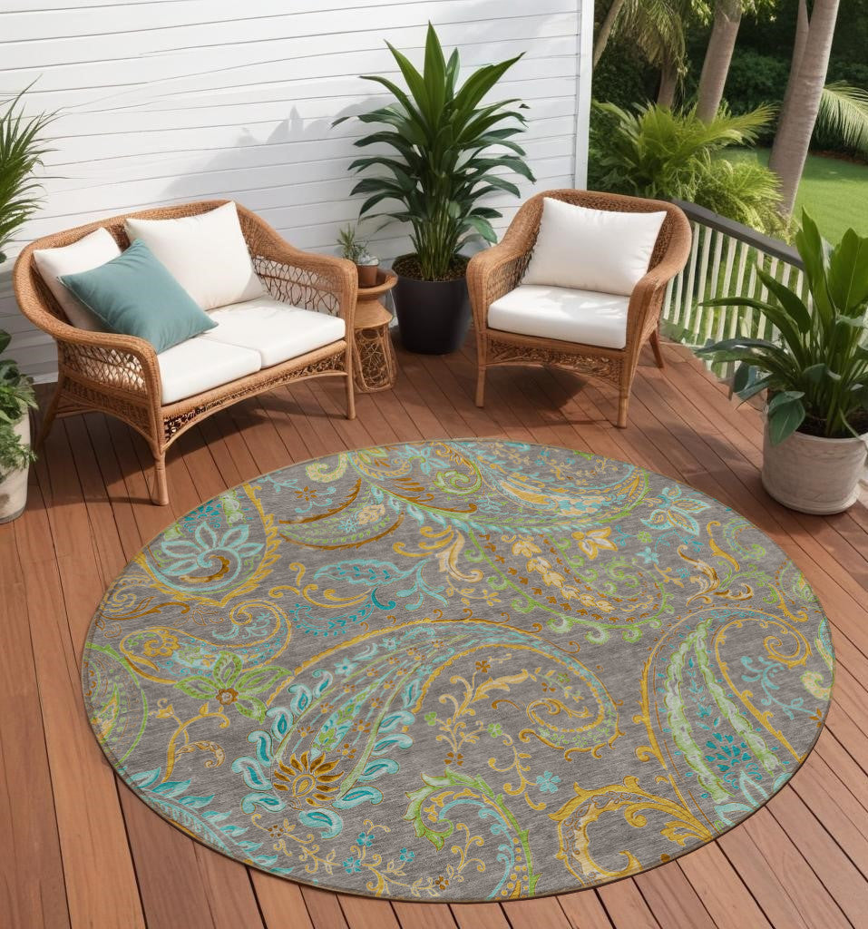 8 Round Taupe Round Paisley Washable Non Skid Indoor Outdoor Area Rug