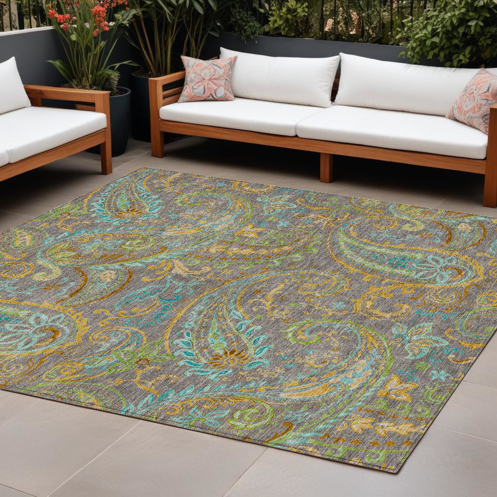 10 X 14 Taupe Paisley Washable Non Skid Indoor Outdoor Area Rug