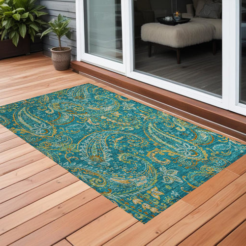 2 X 3 Teal Paisley Washable Non Skid Indoor Outdoor Area Rug