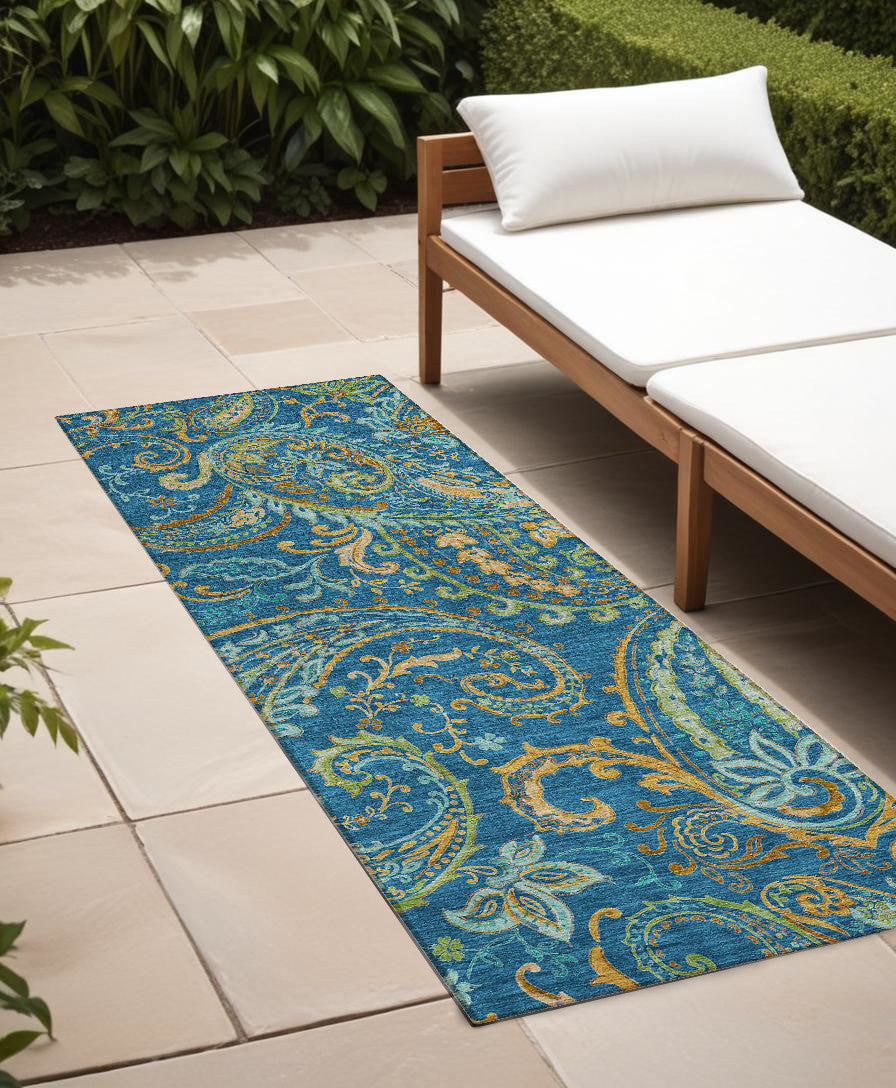 8 Runner Teal Paisley Washable Non Skid Indoor Outdoor Runner Rug