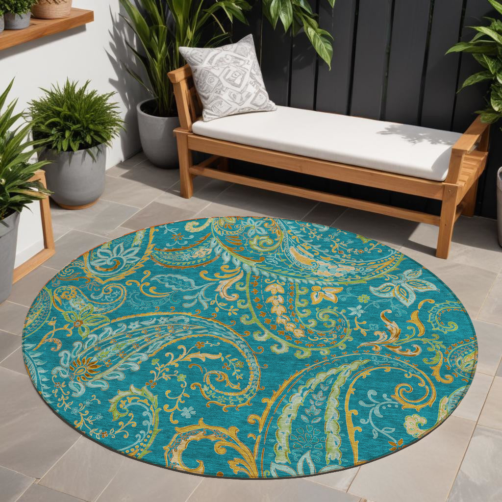 8 Round Teal Round Paisley Washable Non Skid Indoor Outdoor Area Rug