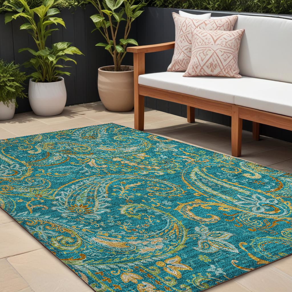 10 X 14 Teal Paisley Washable Non Skid Indoor Outdoor Area Rug