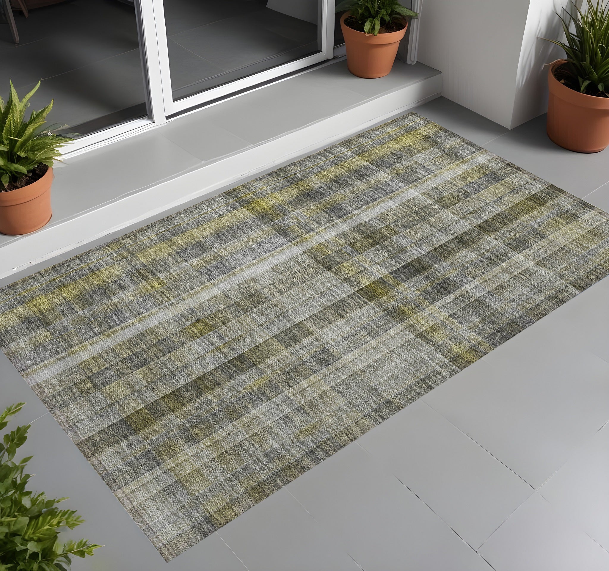 3 X 5 Gray Plaid Washable Non Skid Indoor Outdoor Area Rug