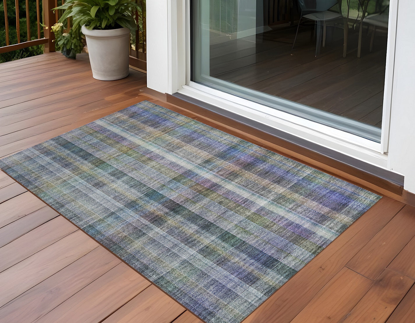 3 X 5 Green Plaid Washable Non Skid Indoor Outdoor Area Rug