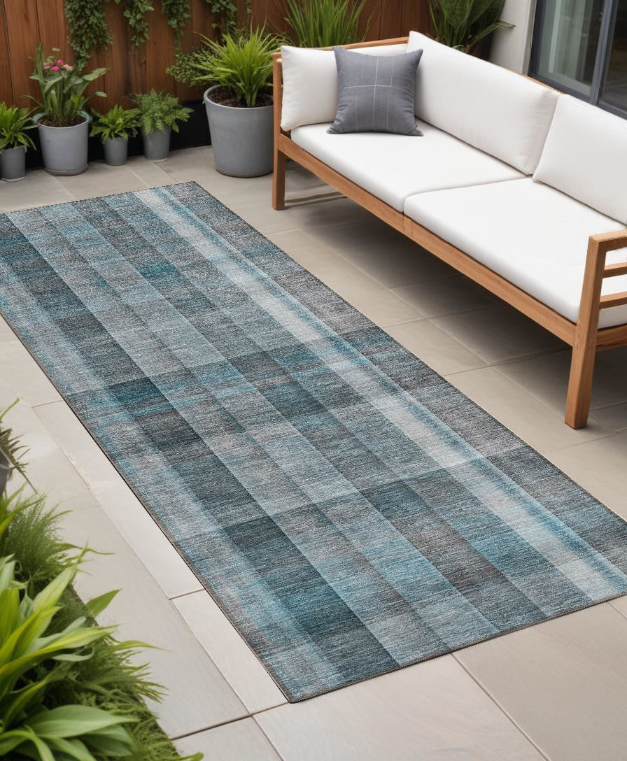 8 Runner Teal Plaid Washable Non Skid Indoor Outdoor Runner Rug