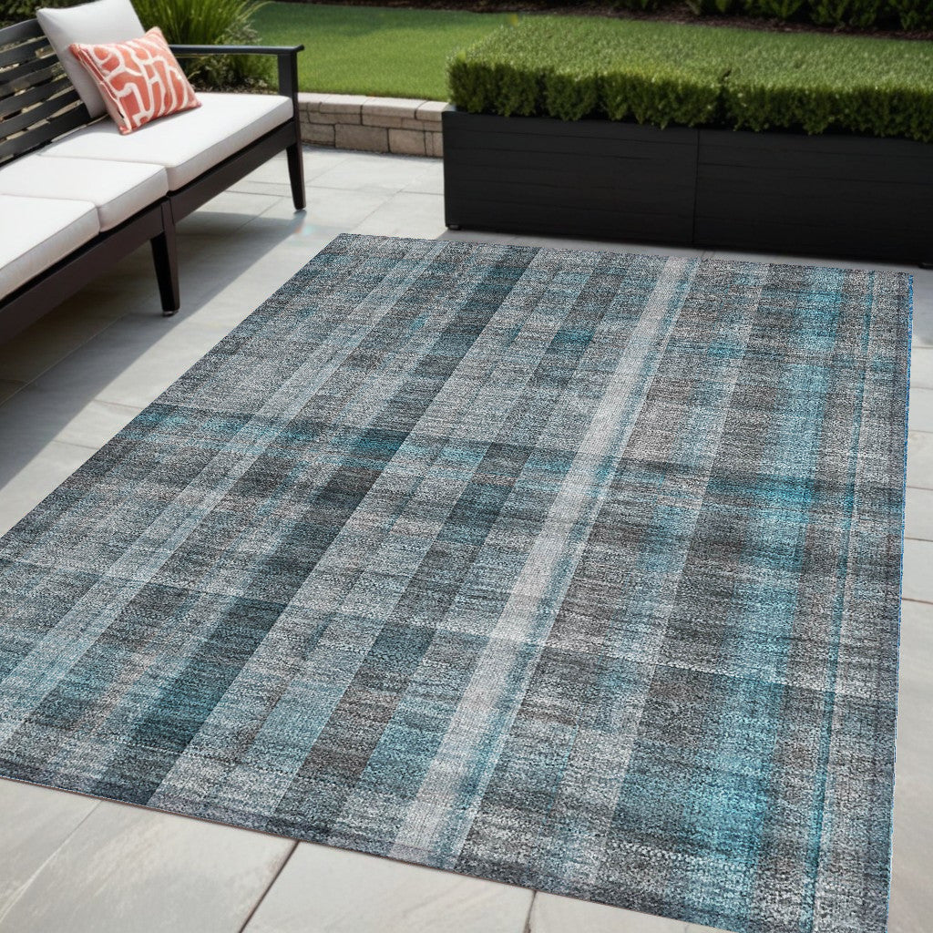 5 X 8 Teal Plaid Washable Non Skid Indoor Outdoor Area Rug