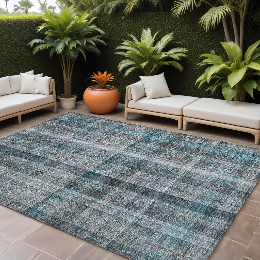 9 X 12 Teal Plaid Washable Non Skid Indoor Outdoor Area Rug