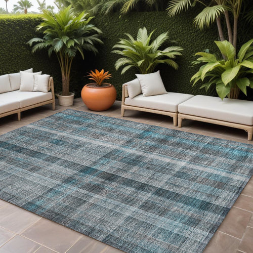 10 X 14 Teal Plaid Washable Non Skid Indoor Outdoor Area Rug