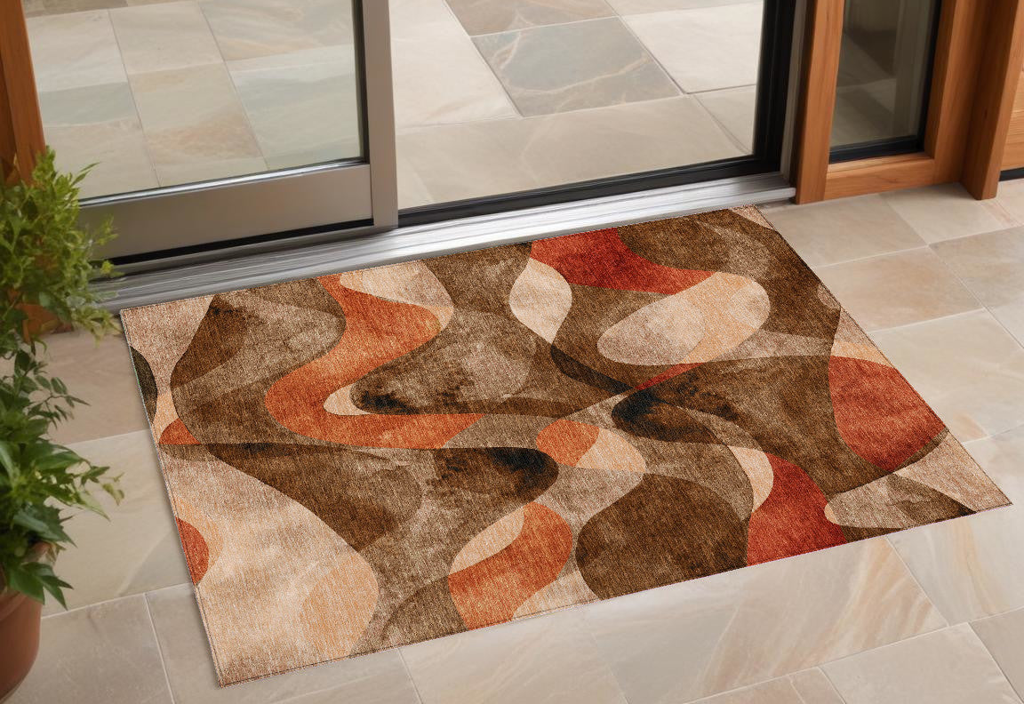 3 X 5 Chocolate Abstract Washable Non Skid Indoor Outdoor Area Rug