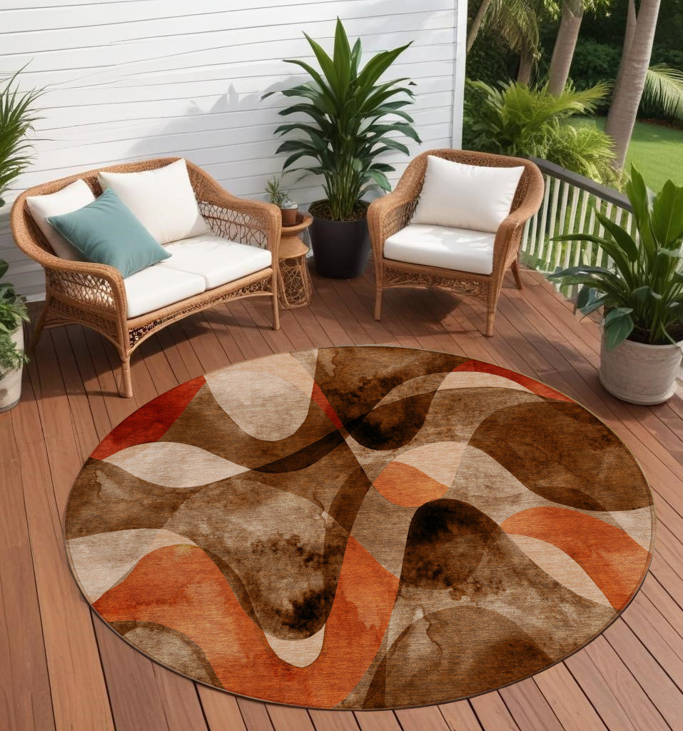 8 Round Chocolate Round Abstract Washable Non Skid Indoor Outdoor Area Rug