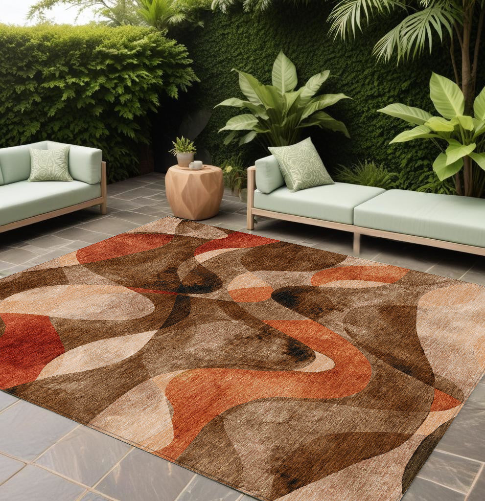 9 X 12 Chocolate Abstract Washable Non Skid Indoor Outdoor Area Rug