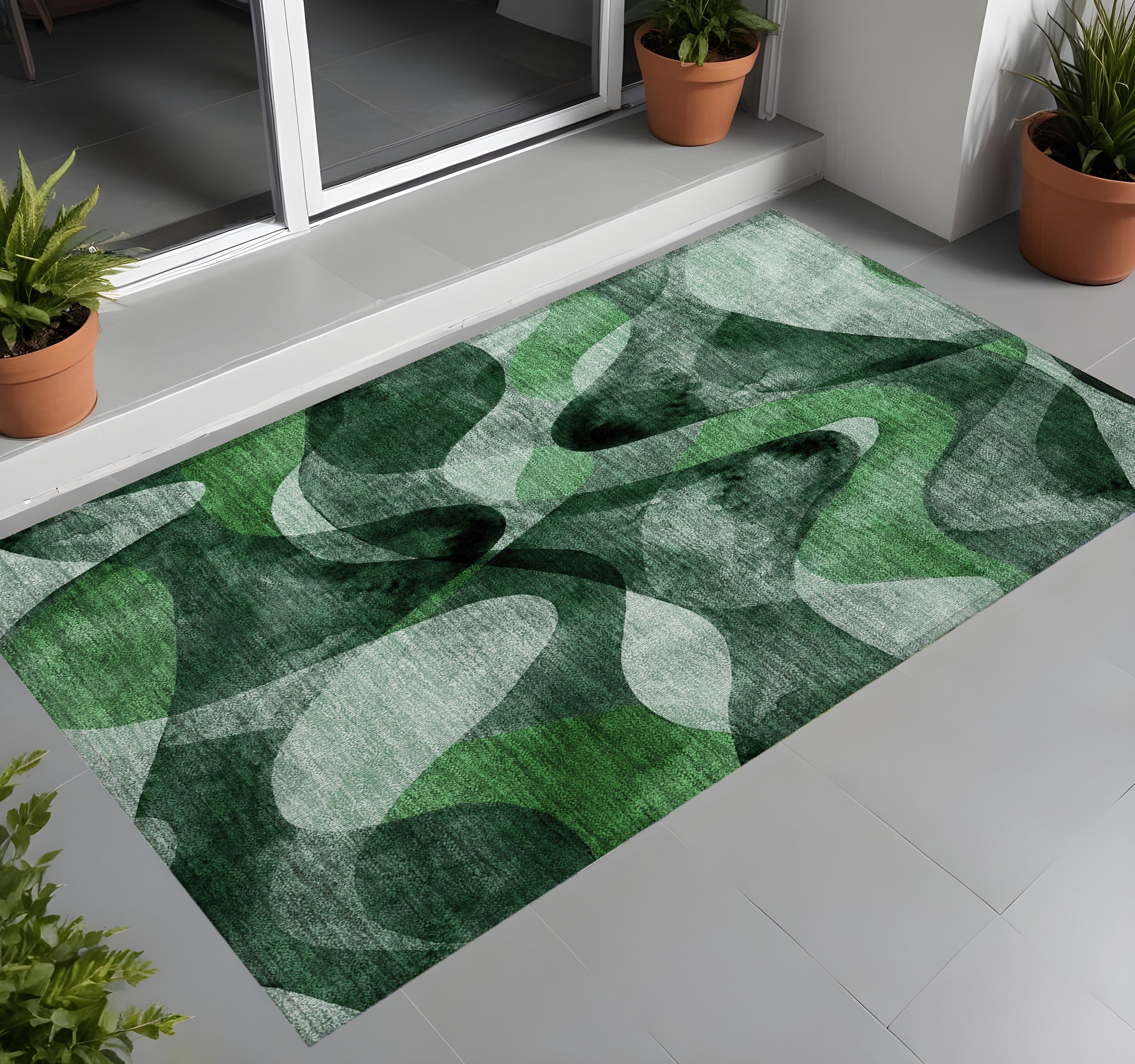 2 X 3 Fern Green Abstract Washable Non Skid Indoor Outdoor Area Rug